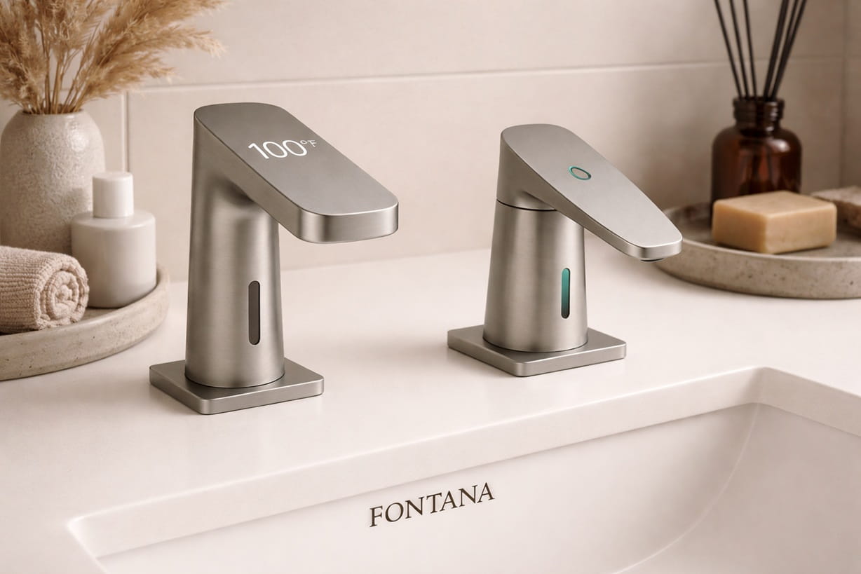 Blinking status LED on Delta touchless faucet control box indicating low battery or internal sensor fault state in a commercial washroom installation